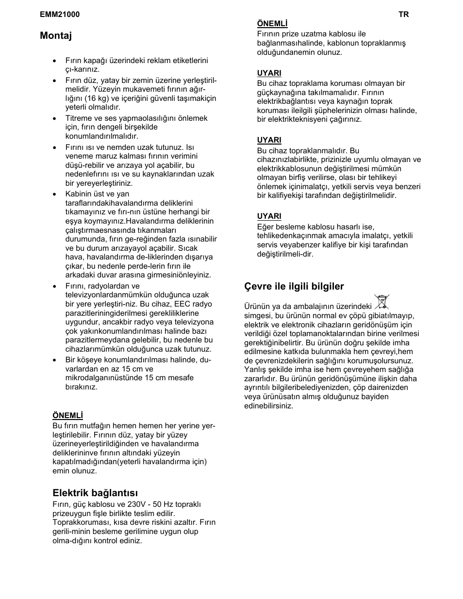 Montaj, Elektrik bağlantısı, Çevre ile ilgili bilgiler | Electrolux EMM21000W User Manual | Page 174 / 180