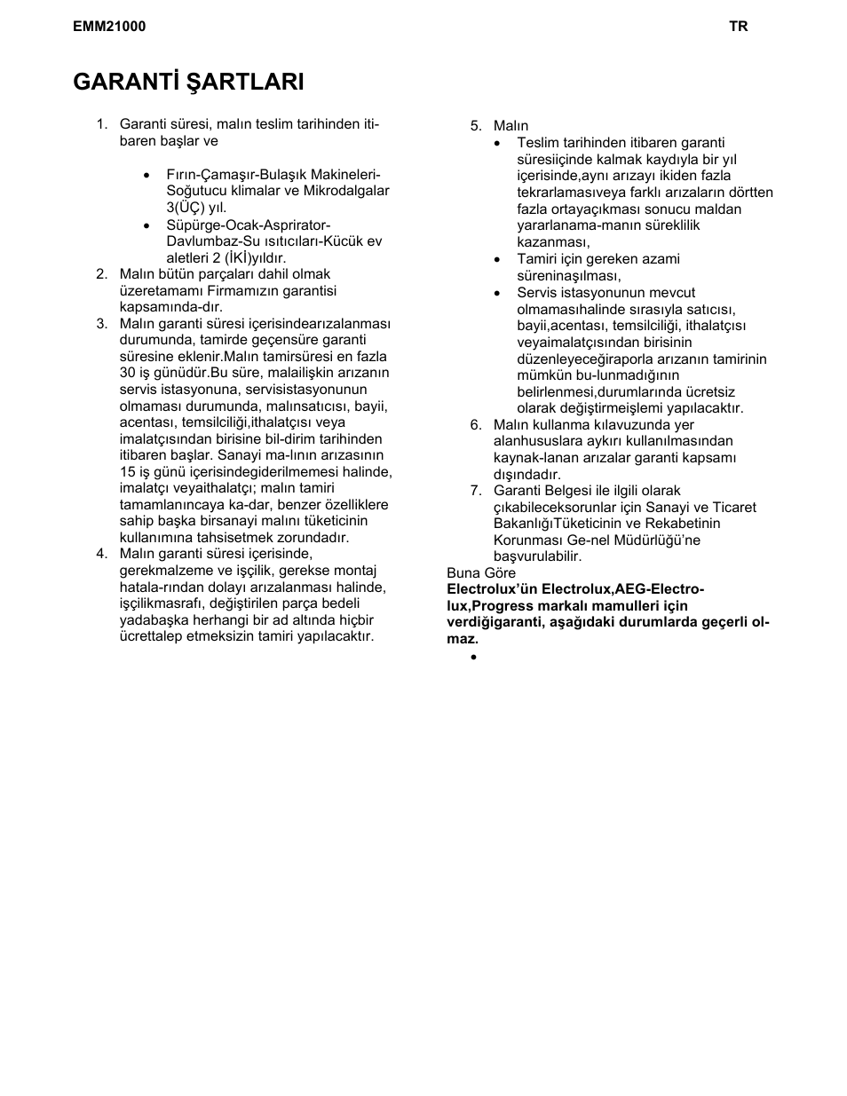 Garanti şartlari | Electrolux EMM21000W User Manual | Page 175 / 180