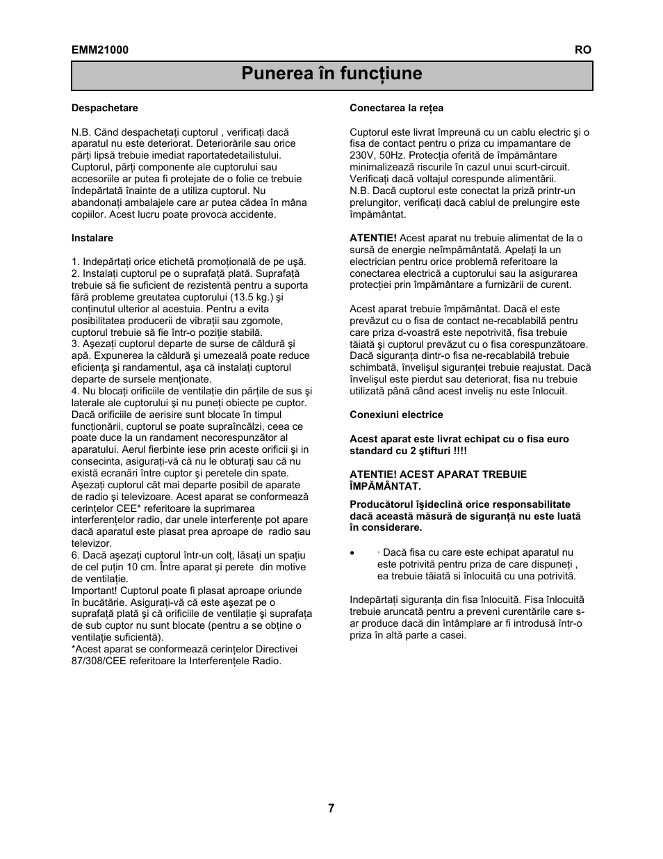 Punerea în funcţiune | Electrolux EMM21000W User Manual | Page 89 / 180