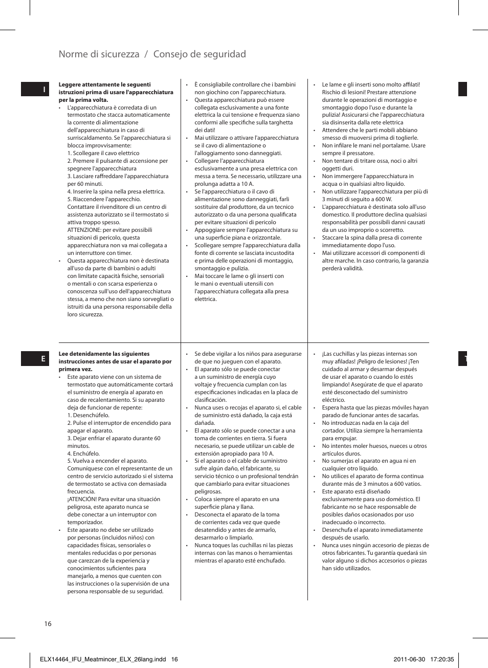 Norme di sicurezza / consejo de seguridad, Ip e tr | Electrolux EMM1000 User Manual | Page 16 / 88