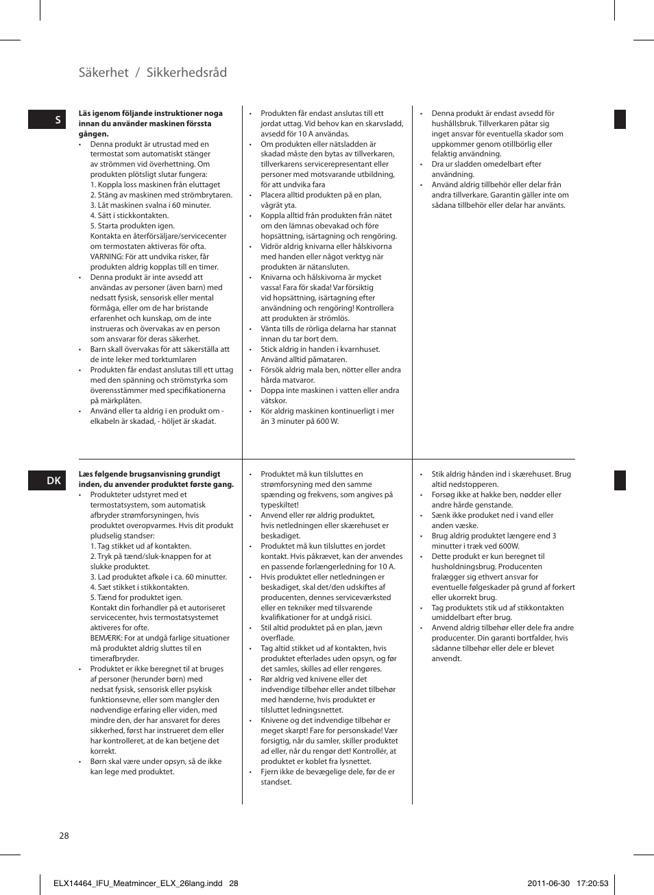 Säkerhet / sikkerhedsråd, Sfi dk n | Electrolux EMM1000 User Manual | Page 28 / 88