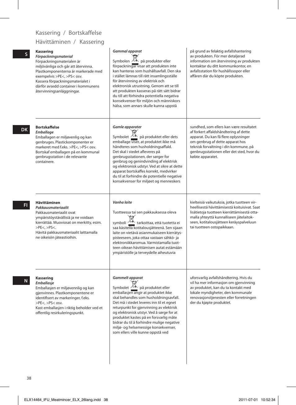 Kassering, Bortskaffelse, Hävittäminen | Electrolux EMM1000 User Manual | Page 38 / 88