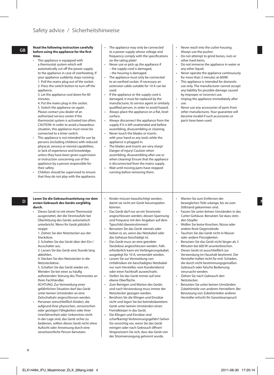 Safety advice / sicherheitshinweise, Gb f d nl | Electrolux EMM1000 User Manual | Page 4 / 88