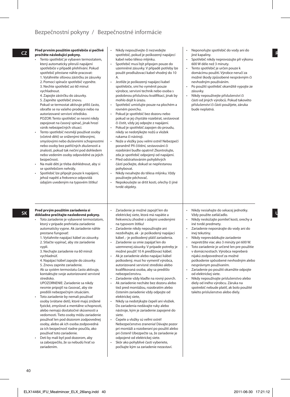 Bezpečnostní pokyny / bezpečnostné informácie, Cz ru sk ua | Electrolux EMM1000 User Manual | Page 40 / 88