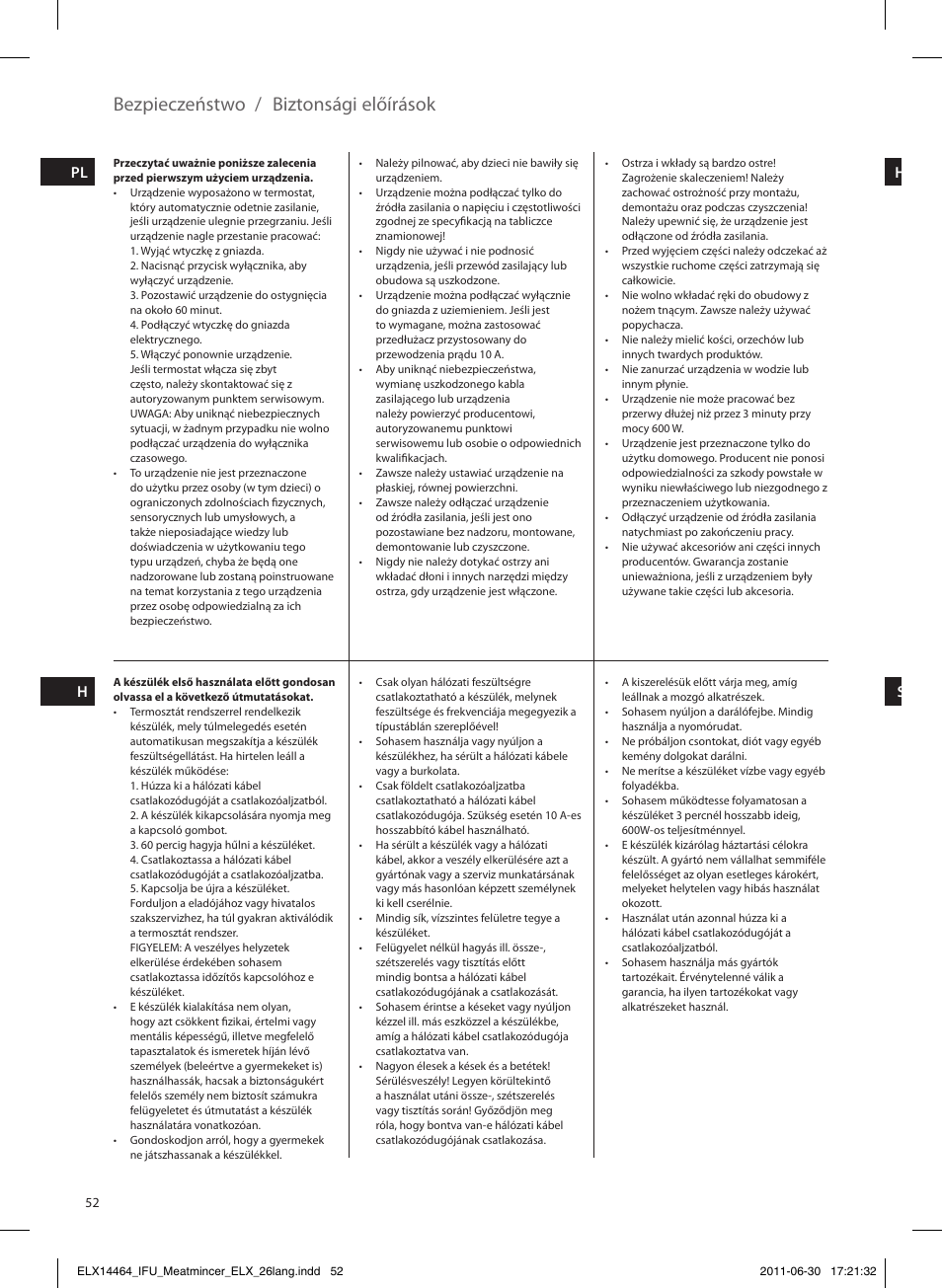 Bezpieczeństwo / biztonsági előírások, Pl hr h sr | Electrolux EMM1000 User Manual | Page 52 / 88