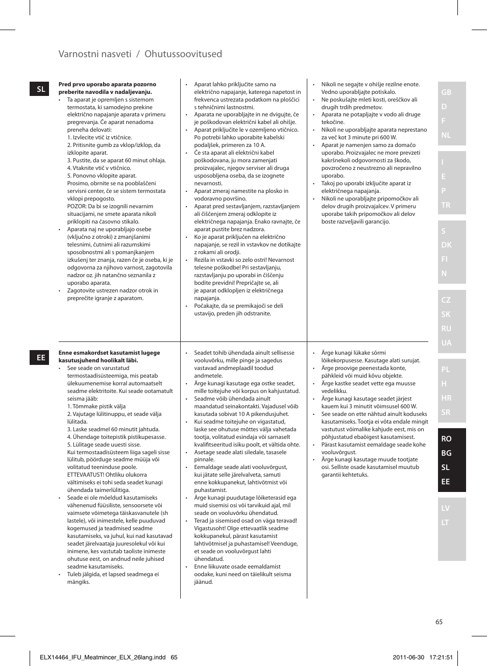 Varnostni nasveti / ohutussoovitused | Electrolux EMM1000 User Manual | Page 65 / 88