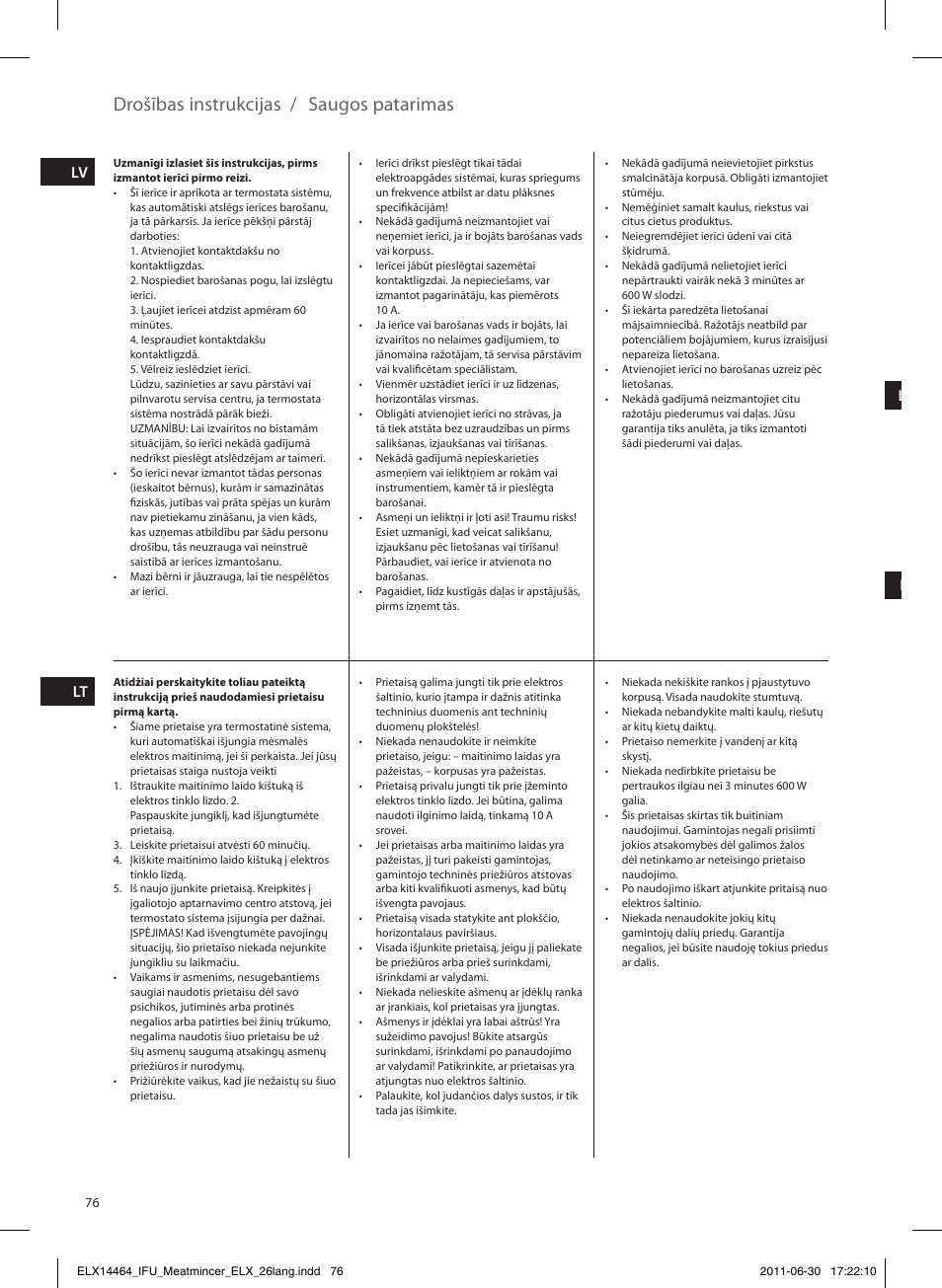 Drošības instrukcijas / saugos patarimas, Lv lt lv lt | Electrolux EMM1000 User Manual | Page 76 / 88