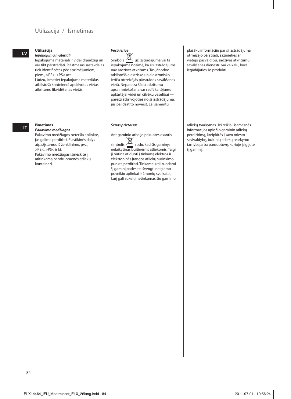 Utilizācija, Išmetimas | Electrolux EMM1000 User Manual | Page 84 / 88