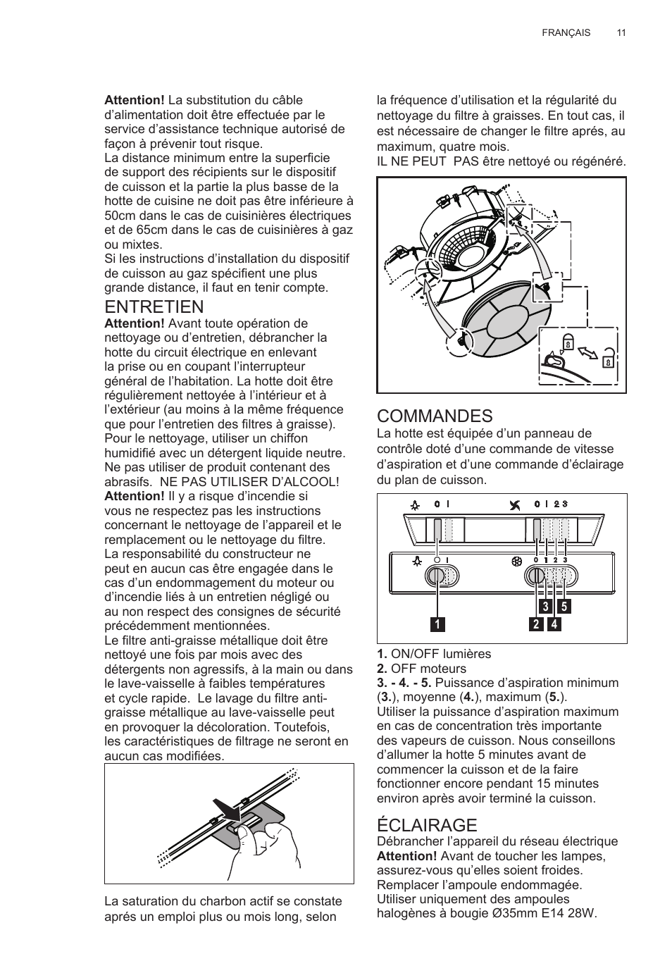 Entretien, Commandes, Éclairage | Electrolux EFT635X User Manual | Page 11 / 100