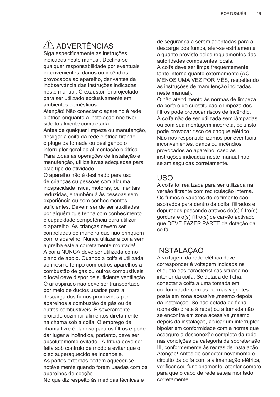 Advertências, Instalação | Electrolux EFT635X User Manual | Page 19 / 100