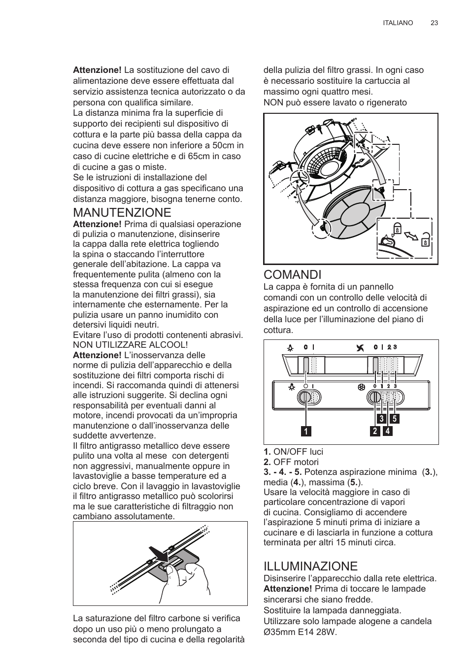 Manutenzione, Comandi, Illuminazione | Electrolux EFT635X User Manual | Page 23 / 100