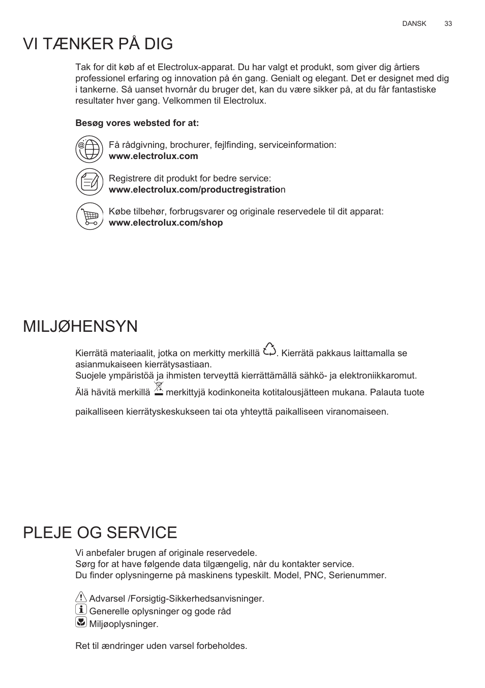 Vi tænker på dig, Miljøhensyn, Pleje og service | Electrolux EFT635X User Manual | Page 33 / 100