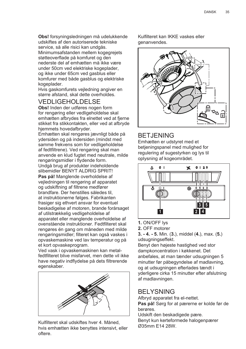 Vedligeholdelse, Betjening, Belysning | Electrolux EFT635X User Manual | Page 35 / 100