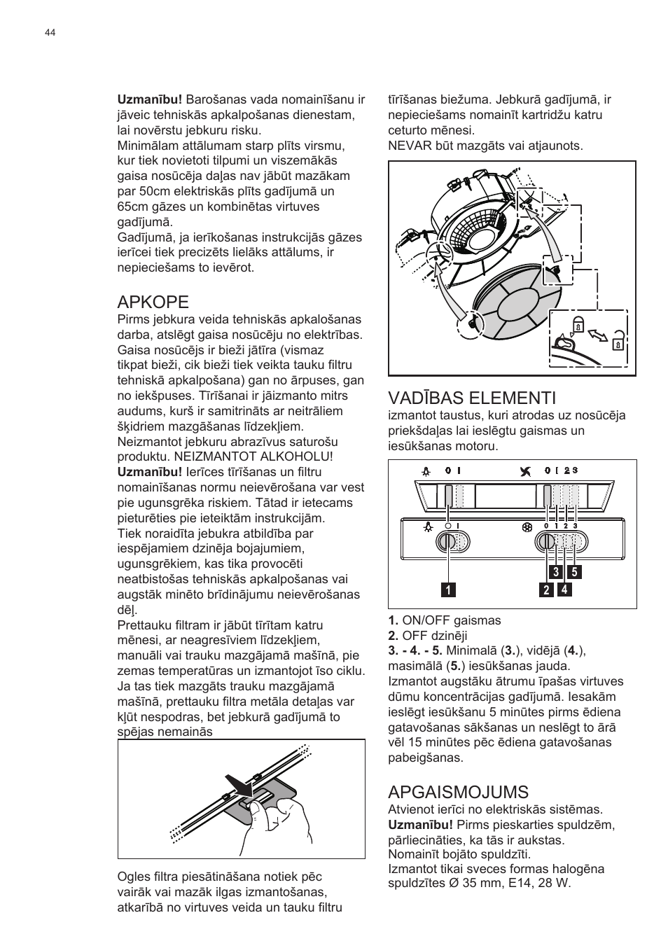 Apkope, Vadības elementi, Apgaismojums | Electrolux EFT635X User Manual | Page 44 / 100