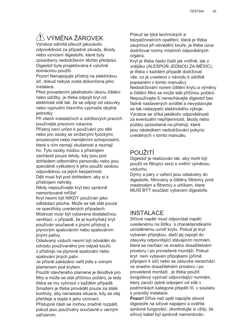 Výměna žárovek, Použití, Instalace | Electrolux EFT635X User Manual | Page 55 / 100