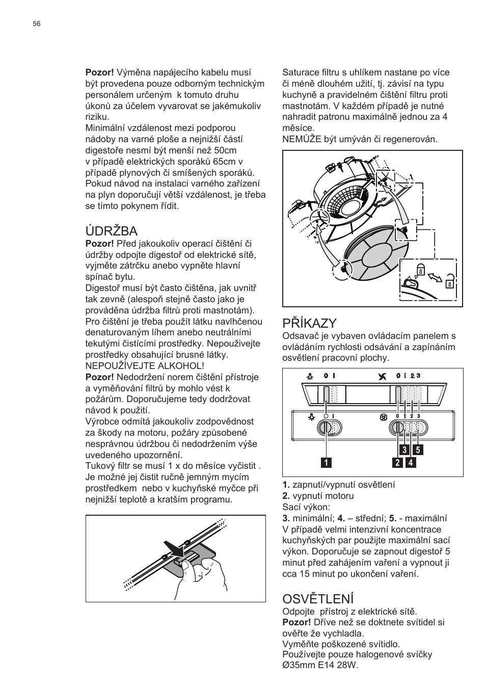 Příkazy, Osvětlení, Údržba | Electrolux EFT635X User Manual | Page 56 / 100