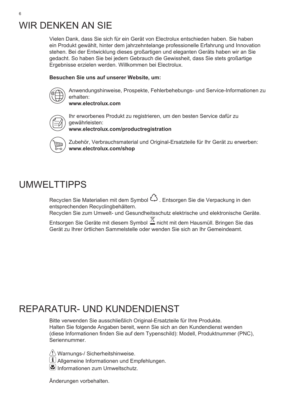 Wir denken an sie, Umwelttipps, Reparatur- und kundendienst | Electrolux EFT635X User Manual | Page 6 / 100