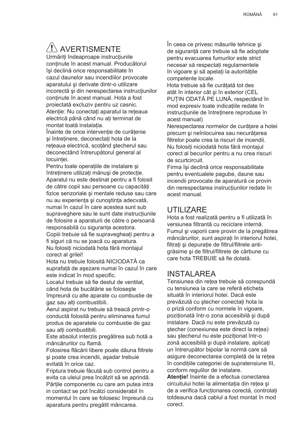 Avertismente, Utilizare, Instalarea | Electrolux EFT635X User Manual | Page 61 / 100