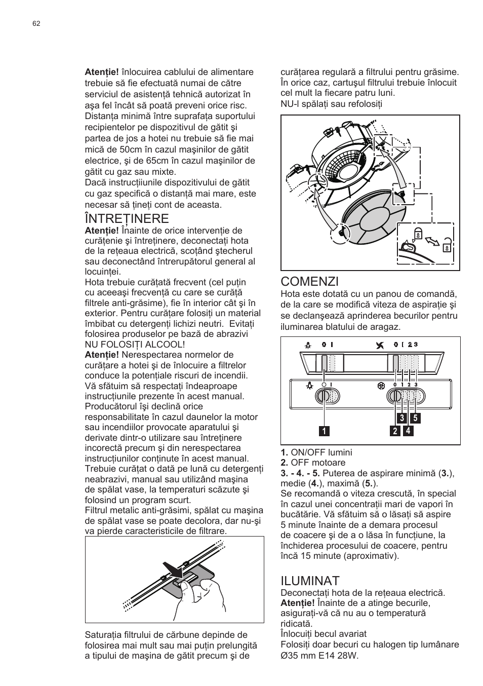 Întreţinere, Comenzi, Iluminat | Electrolux EFT635X User Manual | Page 62 / 100