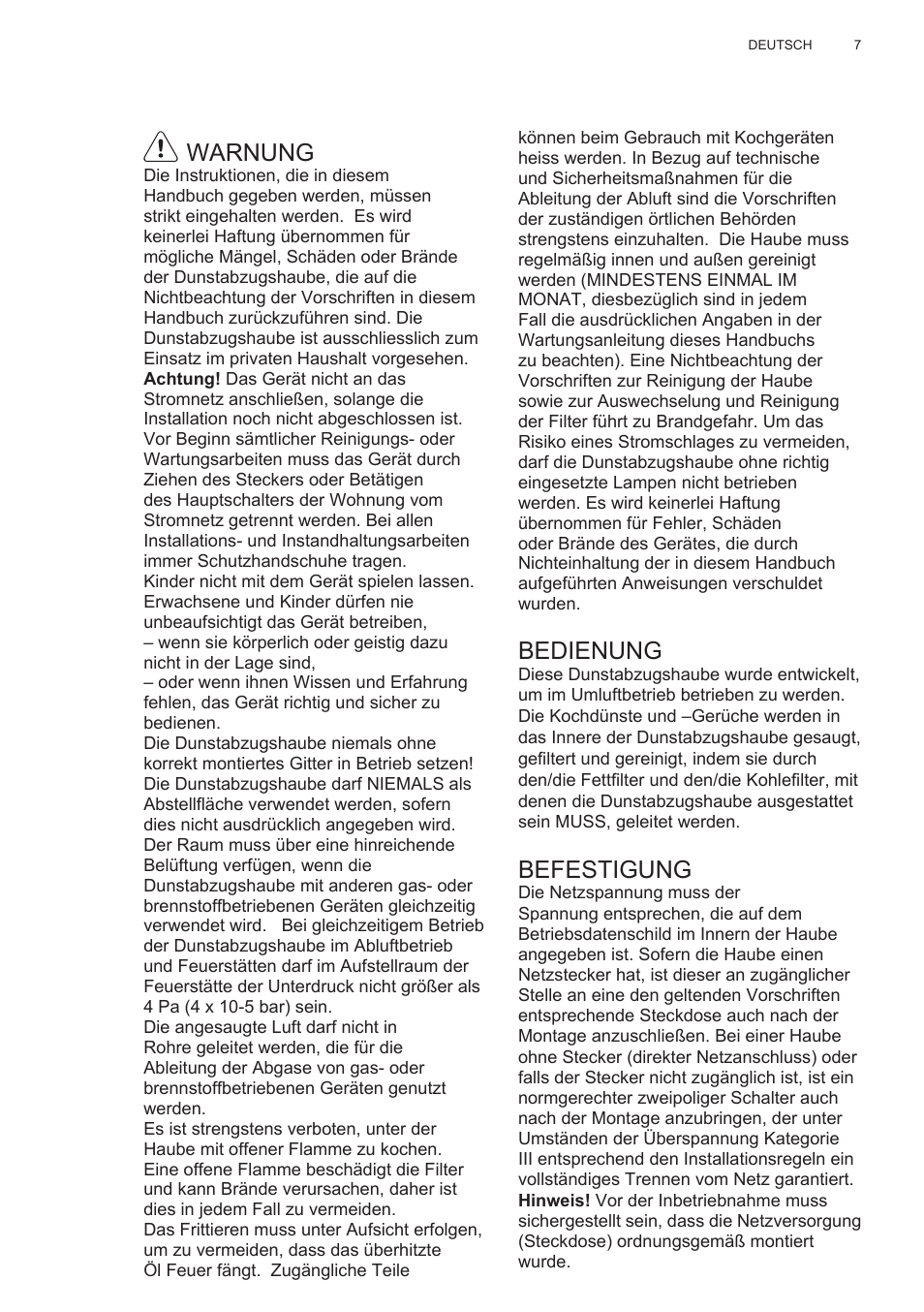 Warnung, Bedienung, Befestigung | Electrolux EFT635X User Manual | Page 7 / 100