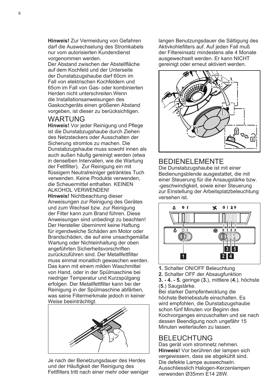Bedienelemente, Beleuchtung, Wartung | Electrolux EFT635X User Manual | Page 8 / 100