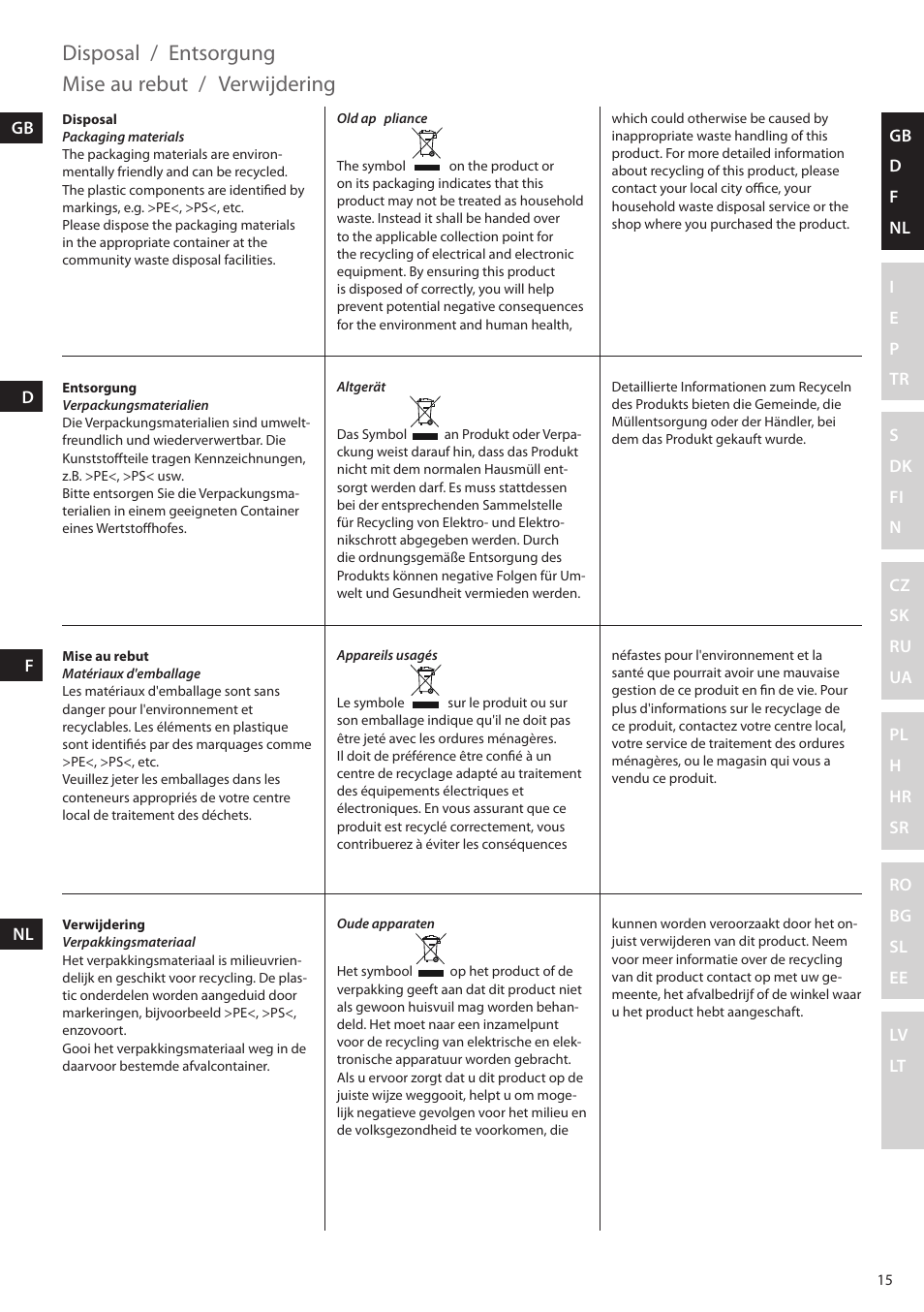 Disposal / entsorgung, Mise au rebut, Verwijdering | Electrolux ESTM5400 User Manual | Page 15 / 100