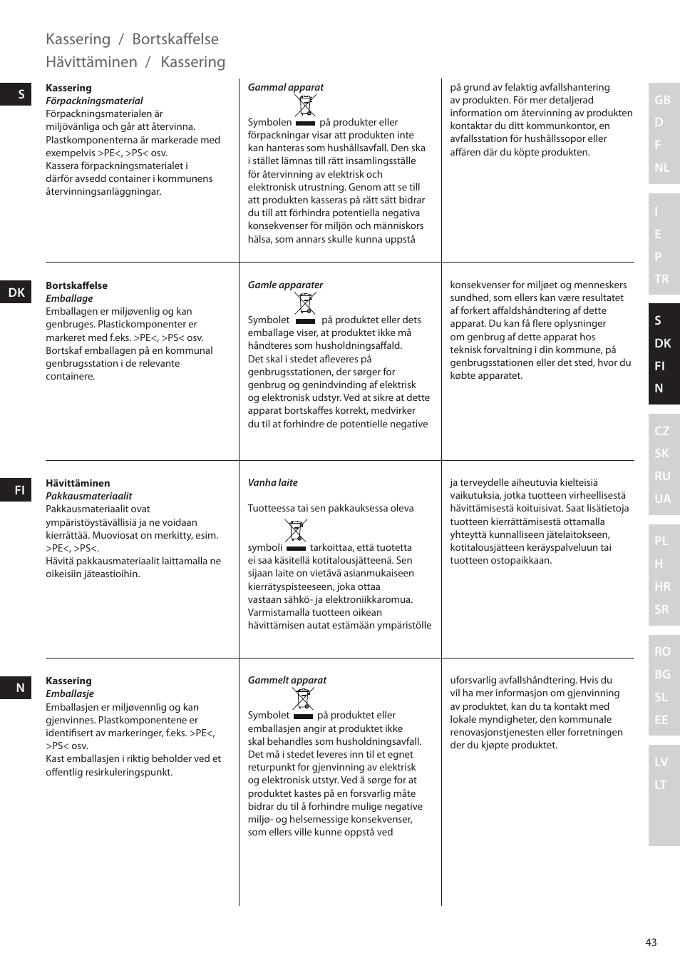 Kassering, Bortskaffelse, Hävittäminen | Electrolux ESTM5400 User Manual | Page 43 / 100