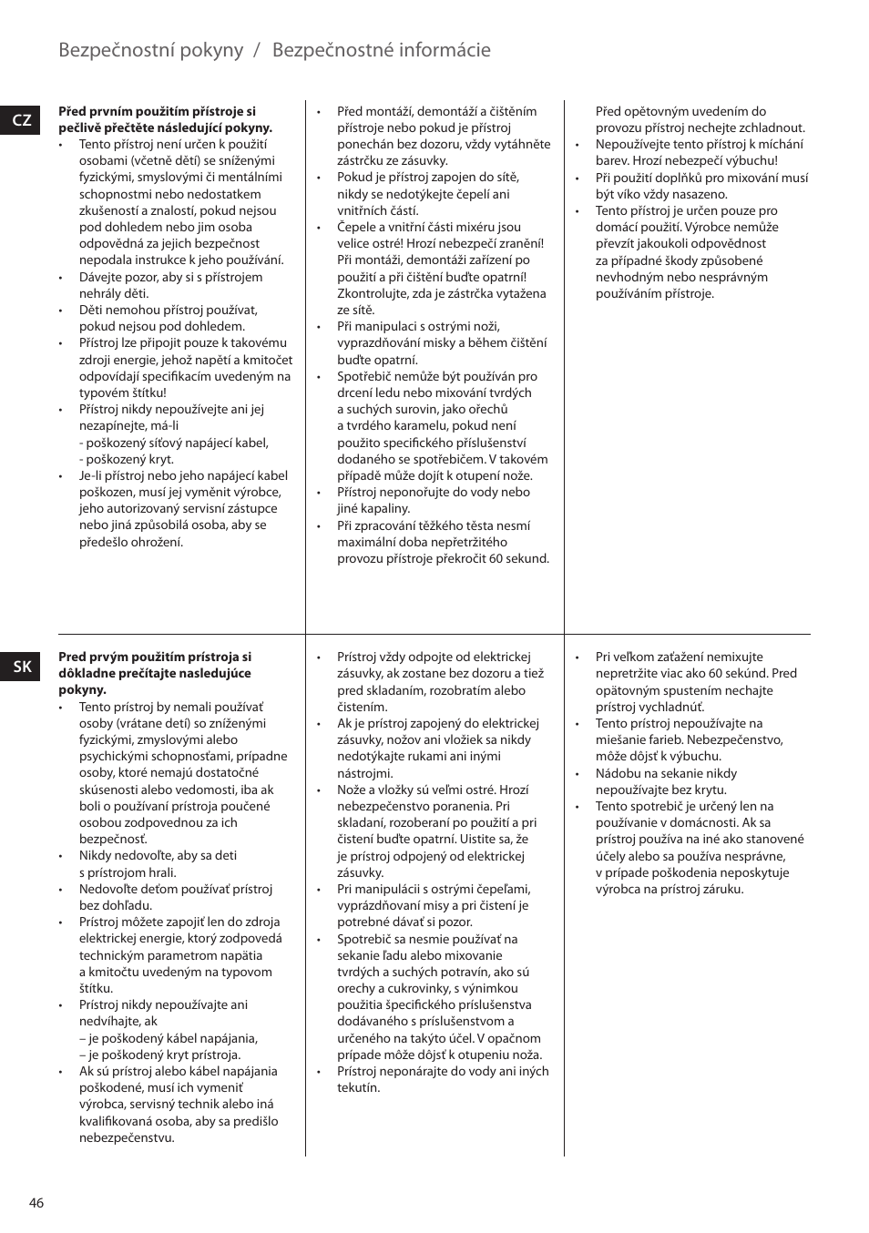 Bezpečnostní pokyny, Bezpečnostné informácie, Cz sk | Electrolux ESTM5400 User Manual | Page 46 / 100