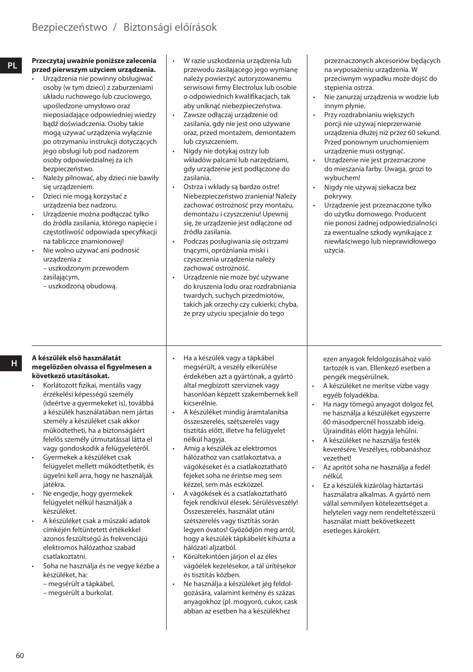 Bezpieczeństwo, Biztonsági előírások, Pl h | Electrolux ESTM5400 User Manual | Page 60 / 100