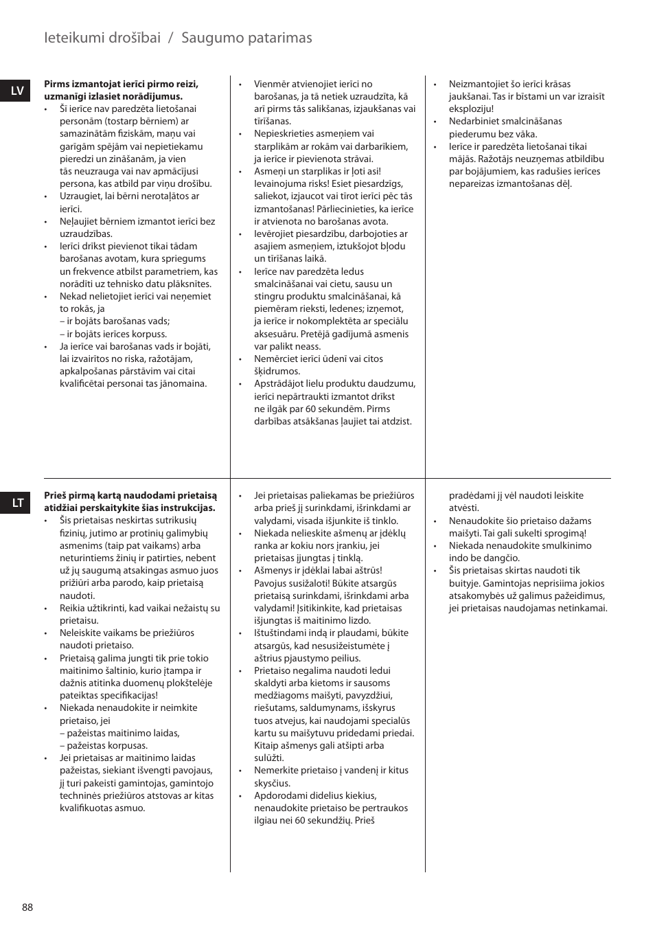 Ieteikumi drošībai, Saugumo patarimas, Lv lt | Electrolux ESTM5400 User Manual | Page 88 / 100