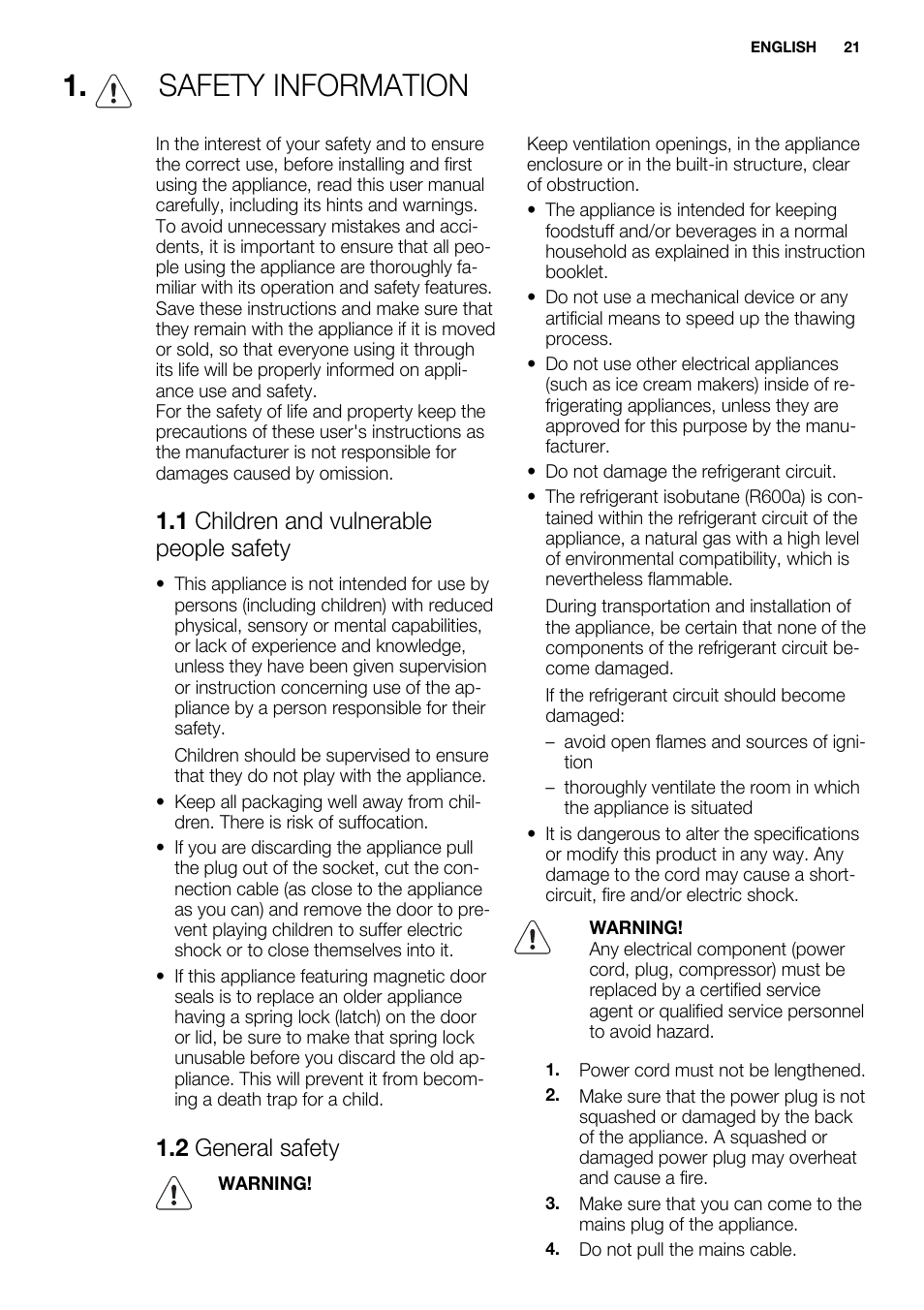 Safety information, 1 children and vulnerable people safety, 2 general safety | Electrolux ENF4451AOX User Manual | Page 21 / 80