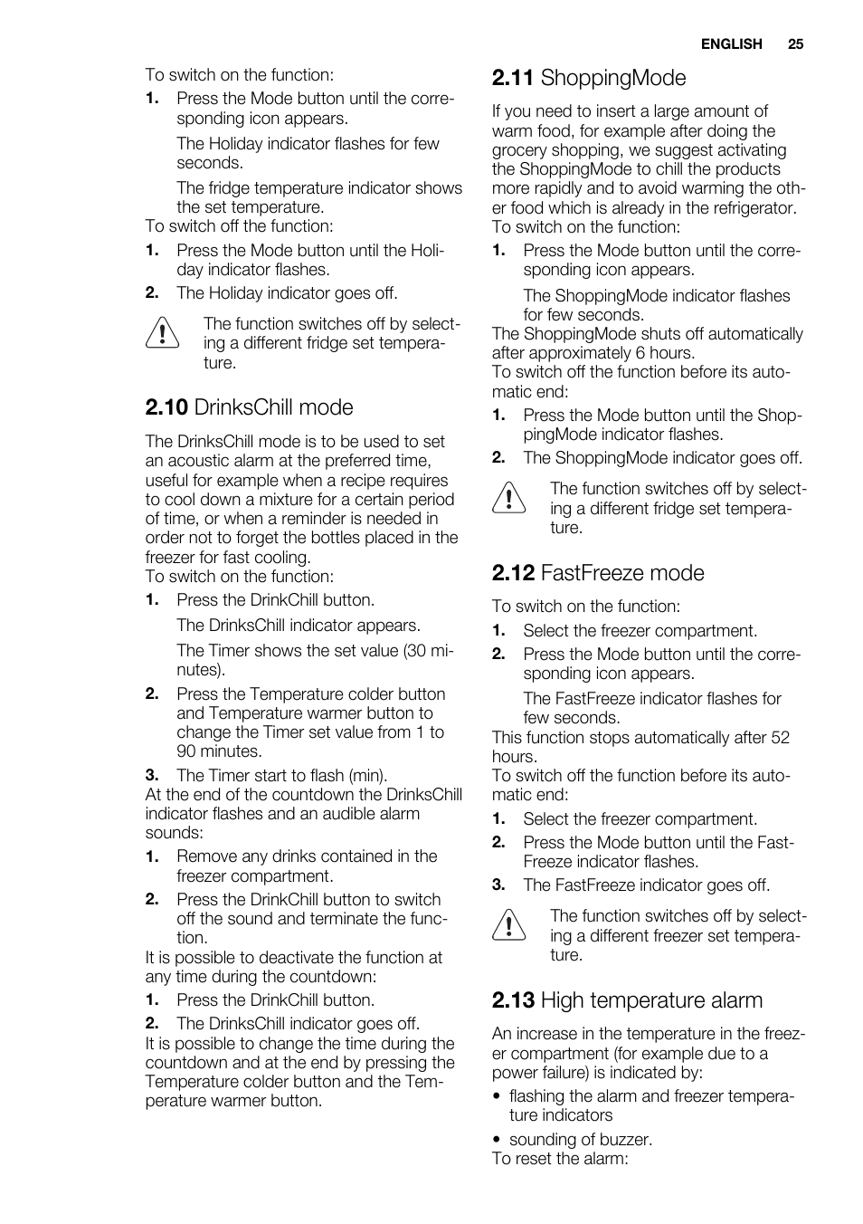 10 drinkschill mode, 11 shoppingmode, 12 fastfreeze mode | 13 high temperature alarm | Electrolux ENF4451AOX User Manual | Page 25 / 80