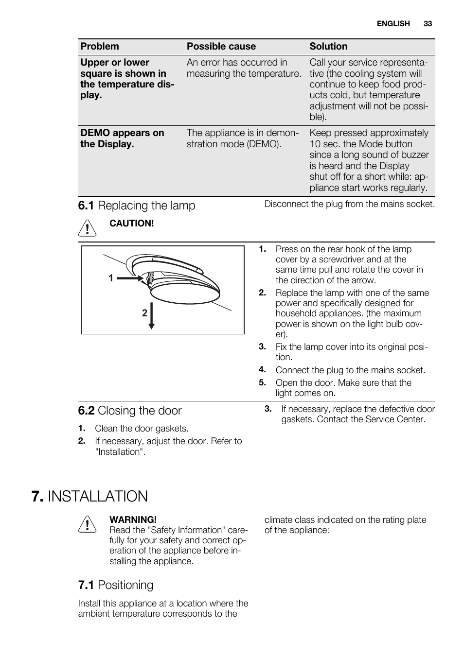 Installation, 1 replacing the lamp, 2 closing the door | 1 positioning | Electrolux ENF4451AOX User Manual | Page 33 / 80