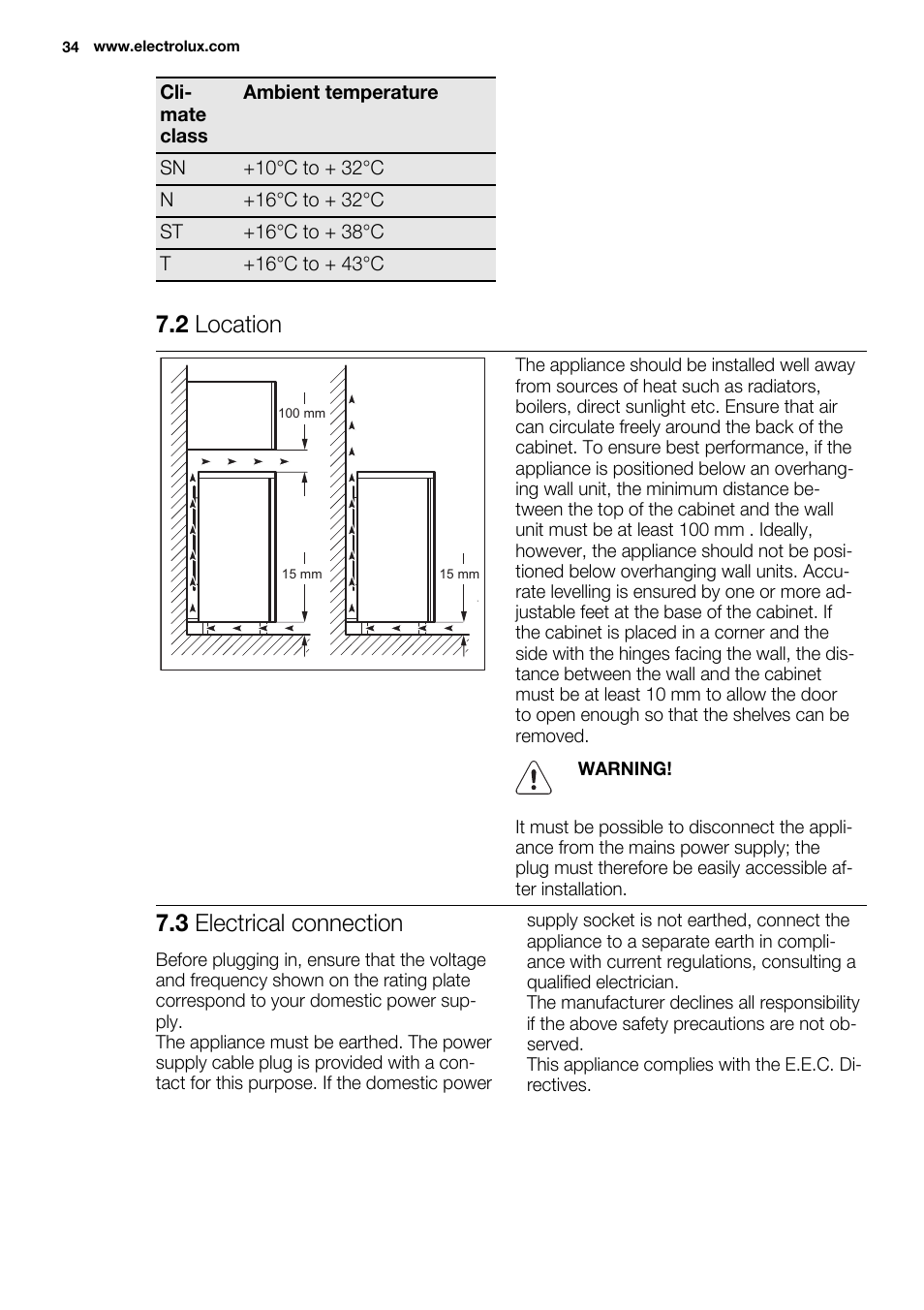 2 location, 3 electrical connection | Electrolux ENF4451AOX User Manual | Page 34 / 80