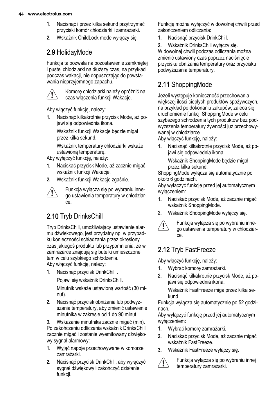 9 holidaymode, 10 tryb drinkschill, 11 shoppingmode | 12 tryb fastfreeze | Electrolux ENF4451AOX User Manual | Page 44 / 80