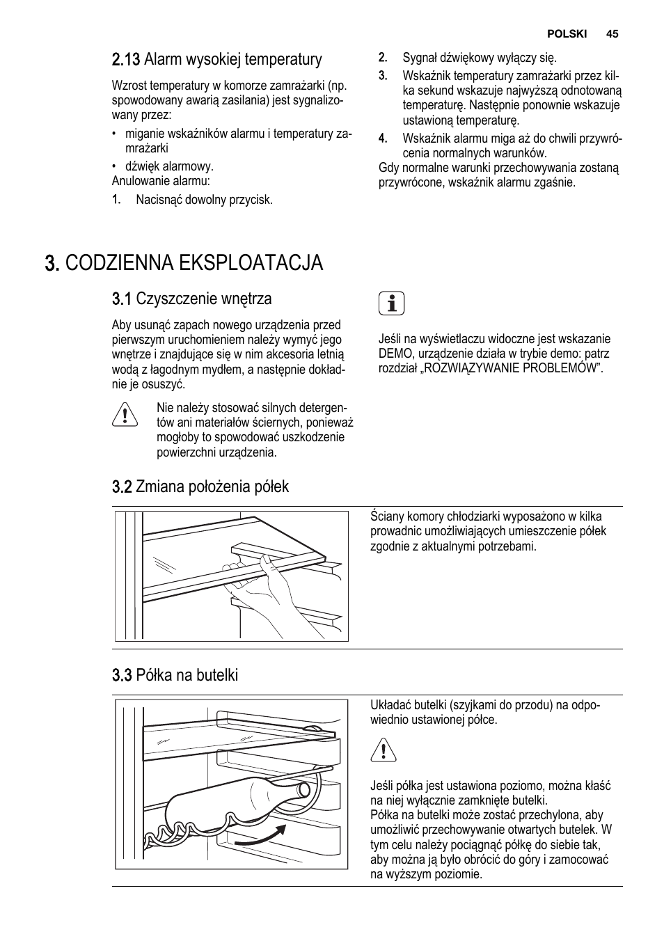 Codzienna eksploatacja, 13 alarm wysokiej temperatury, 1 czyszczenie wnętrza | 2 zmiana położenia półek, 3 półka na butelki | Electrolux ENF4451AOX User Manual | Page 45 / 80