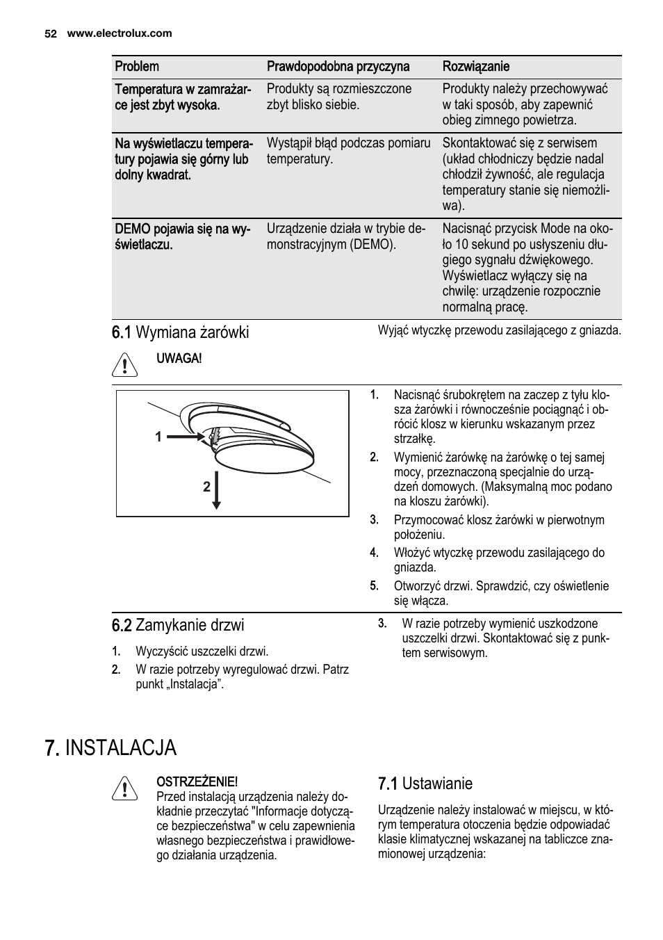 Instalacja, 1 wymiana żarówki, 2 zamykanie drzwi | 1 ustawianie | Electrolux ENF4451AOX User Manual | Page 52 / 80