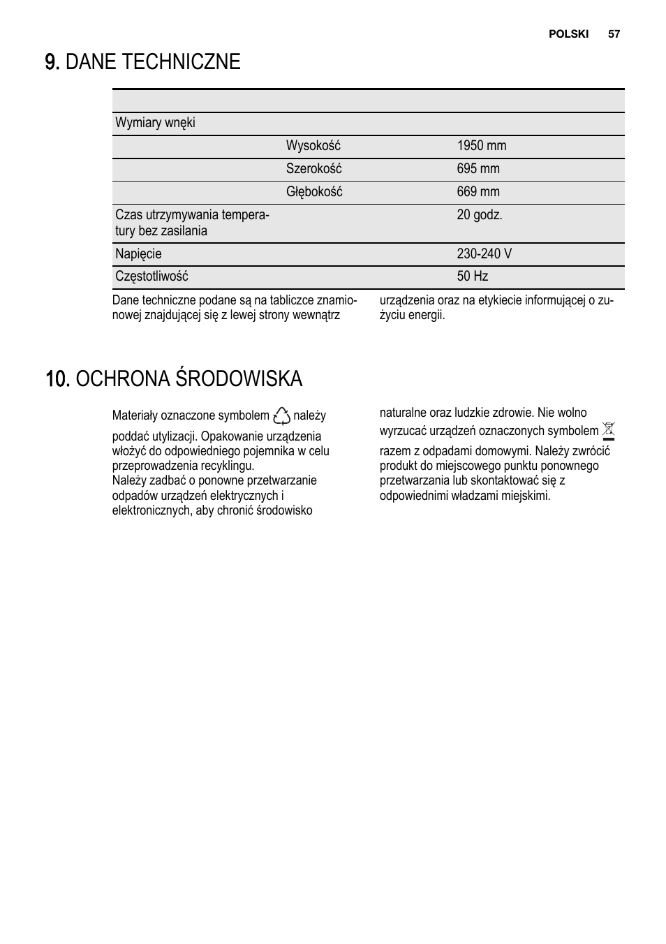 Dane techniczne, Ochrona środowiska | Electrolux ENF4451AOX User Manual | Page 57 / 80