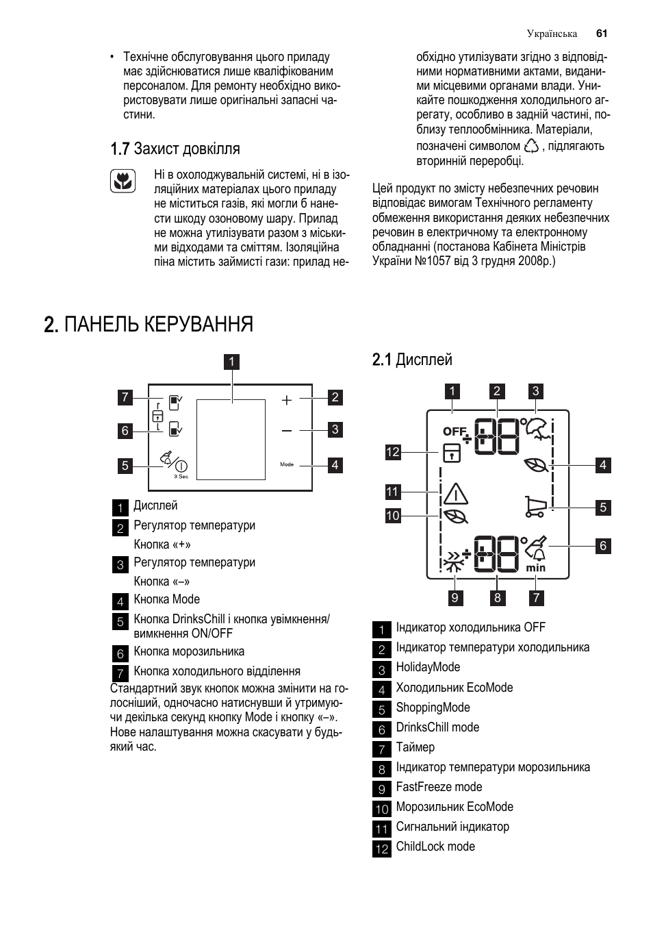 Панель керування, 7 захист довкілля, 1 дисплей | Electrolux ENF4451AOX User Manual | Page 61 / 80