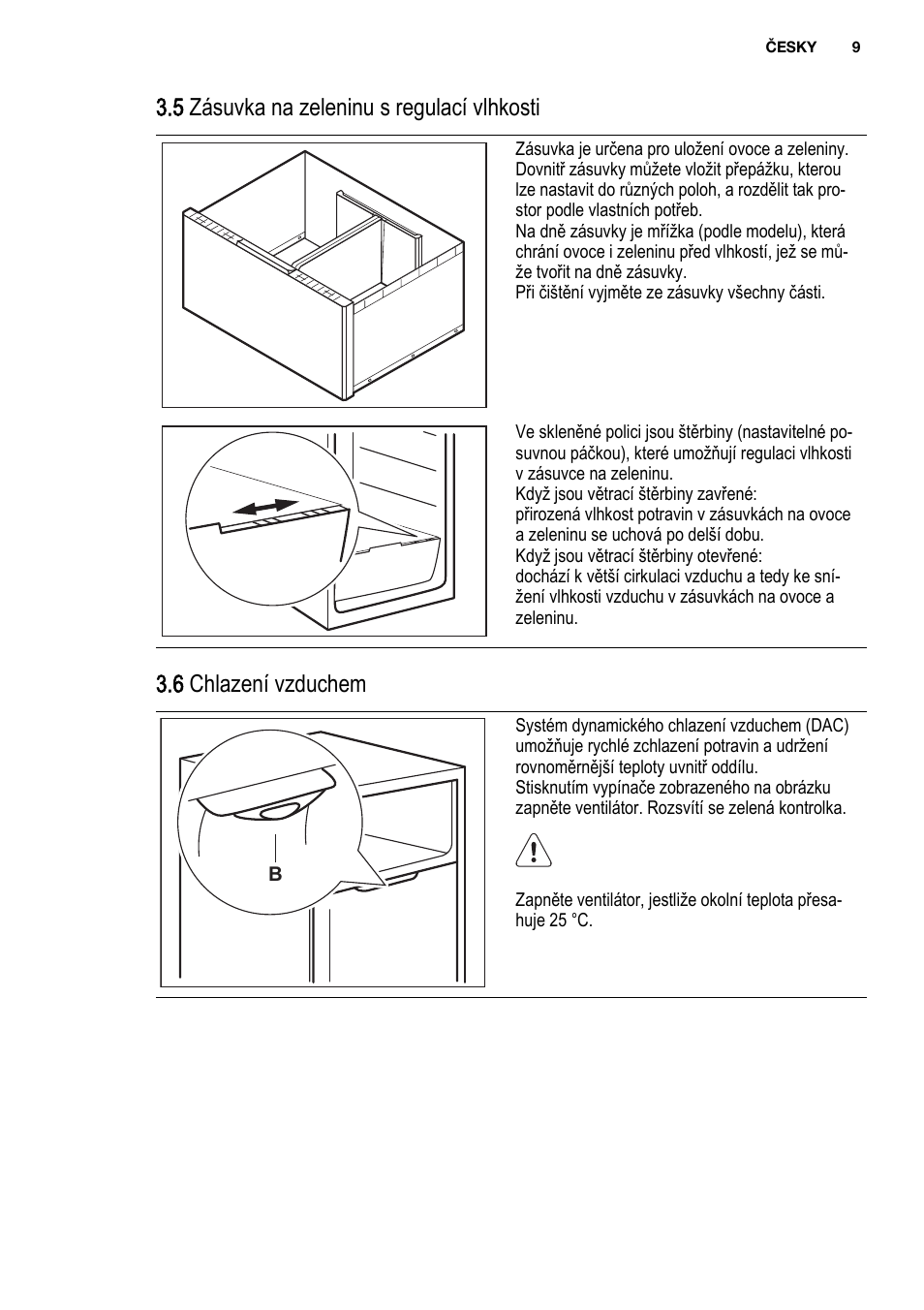 5 zásuvka na zeleninu s regulací vlhkosti, 6 chlazení vzduchem | Electrolux ENF4451AOX User Manual | Page 9 / 80