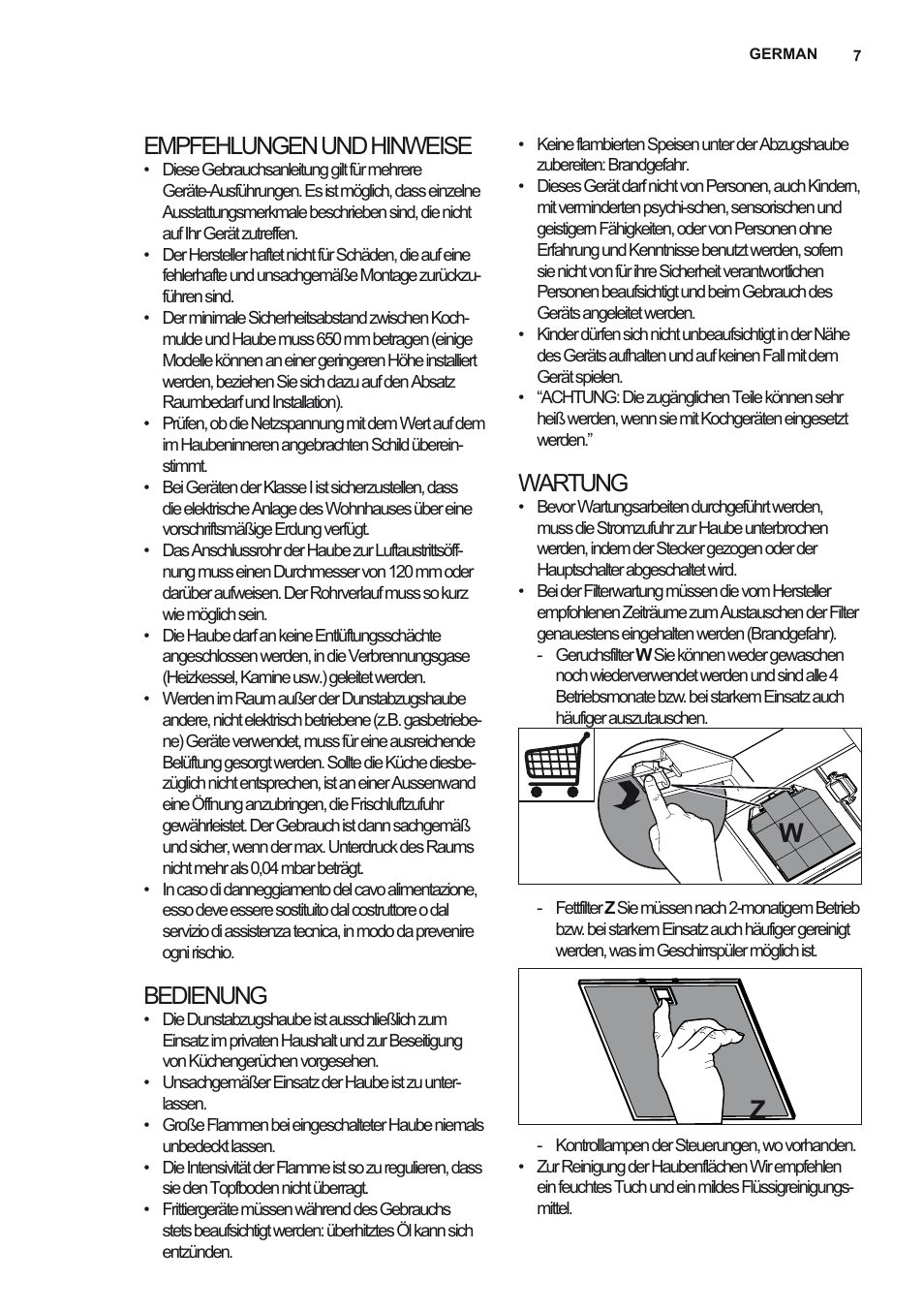 Empfehlungen und hinweise, Bedienung, Wartung | Electrolux EFV60380BX User Manual | Page 7 / 56