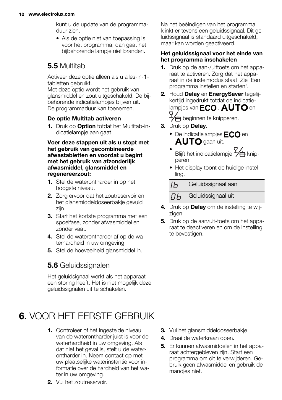 Voor het eerste gebruik, 5 multitab, 6 geluidssignalen | Electrolux ESI6700RAX User Manual | Page 10 / 76