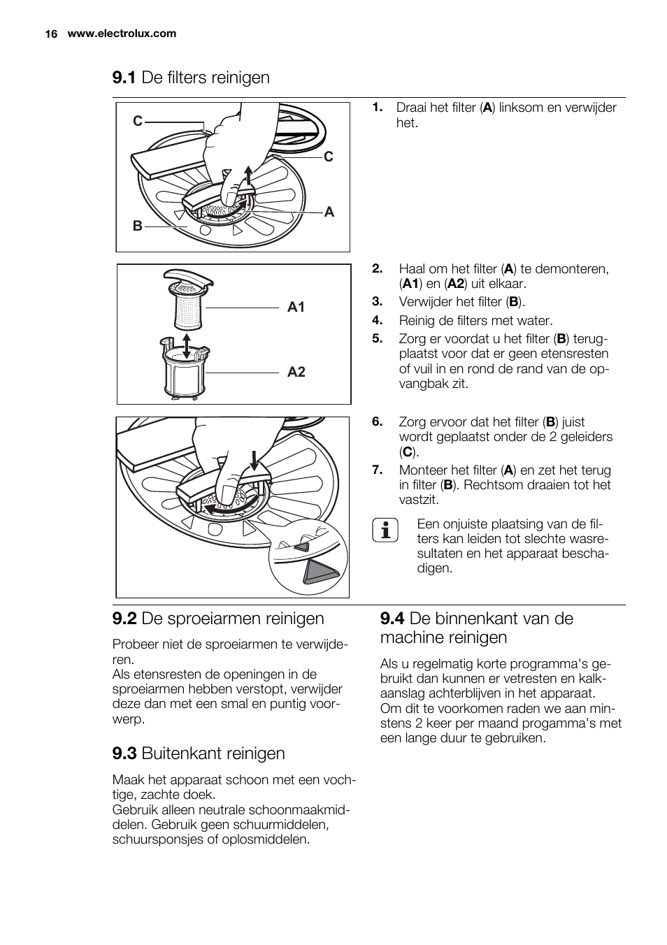 1 de filters reinigen, 2 de sproeiarmen reinigen, 3 buitenkant reinigen | 4 de binnenkant van de machine reinigen | Electrolux ESI6700RAX User Manual | Page 16 / 76