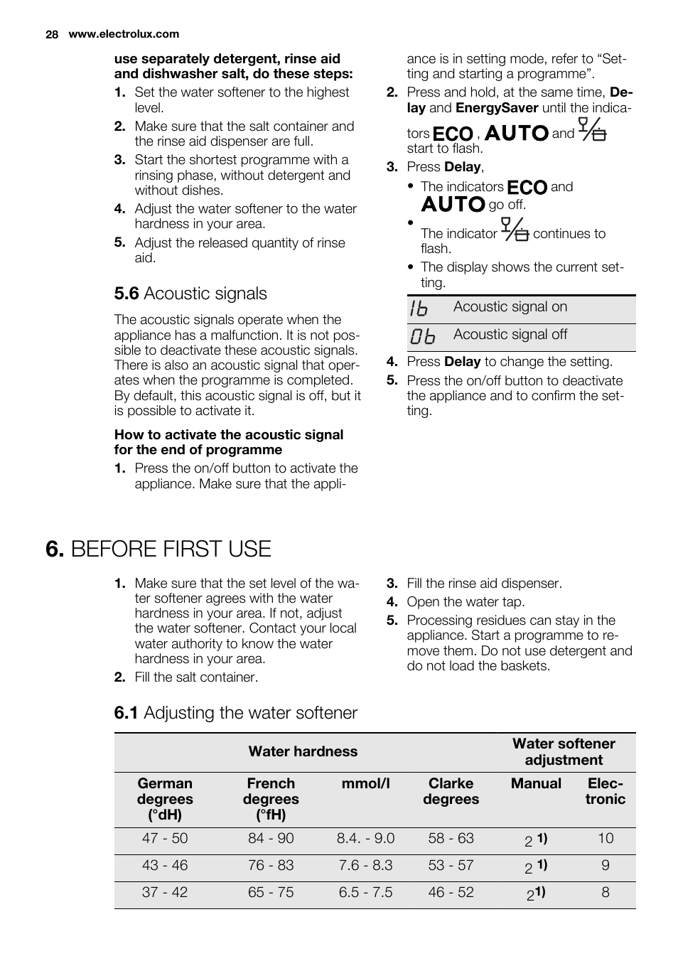 Before first use, 6 acoustic signals, 1 adjusting the water softener | Electrolux ESI6700RAX User Manual | Page 28 / 76