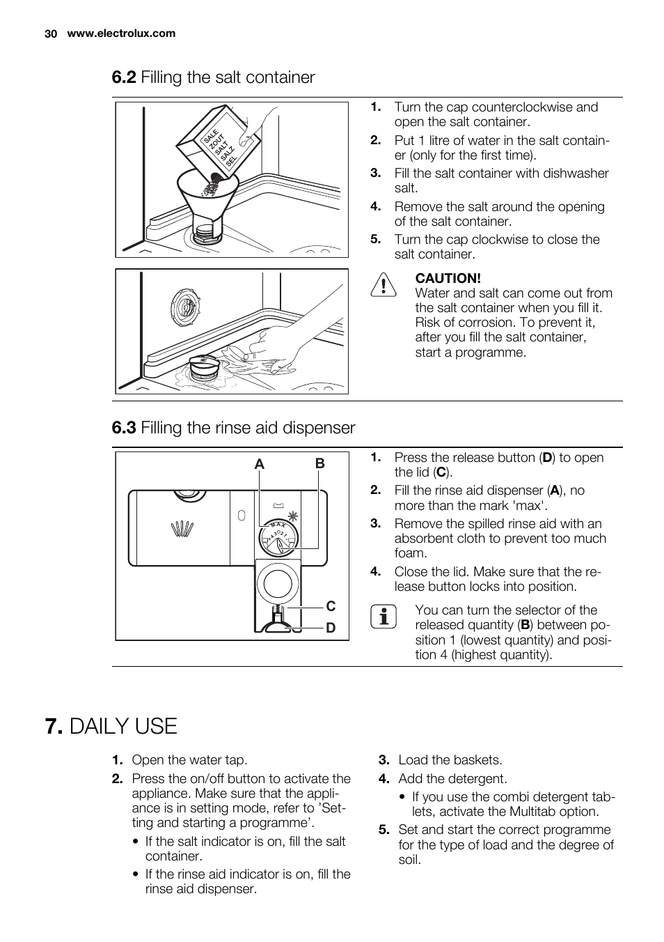 Daily use, 2 filling the salt container, 3 filling the rinse aid dispenser | Electrolux ESI6700RAX User Manual | Page 30 / 76