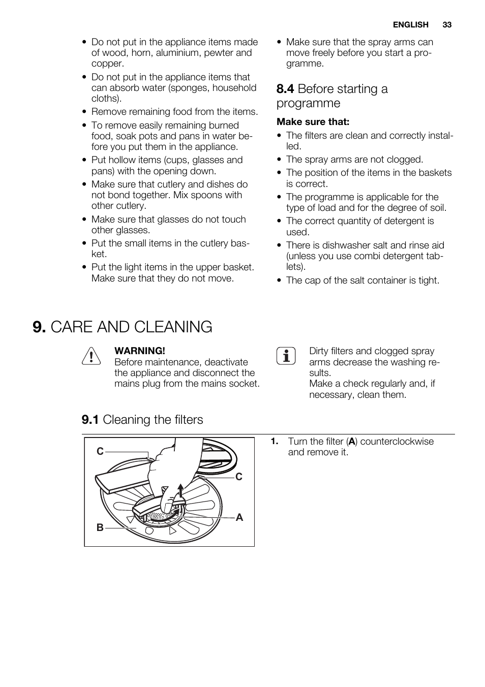 Care and cleaning, 4 before starting a programme, 1 cleaning the filters | Electrolux ESI6700RAX User Manual | Page 33 / 76