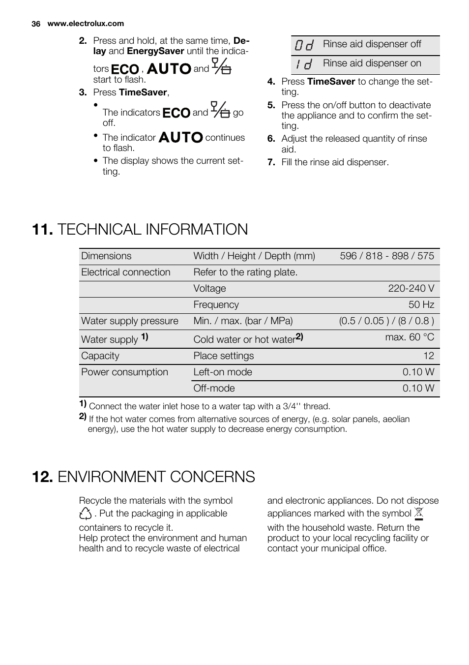 Technical information, Environment concerns | Electrolux ESI6700RAX User Manual | Page 36 / 76