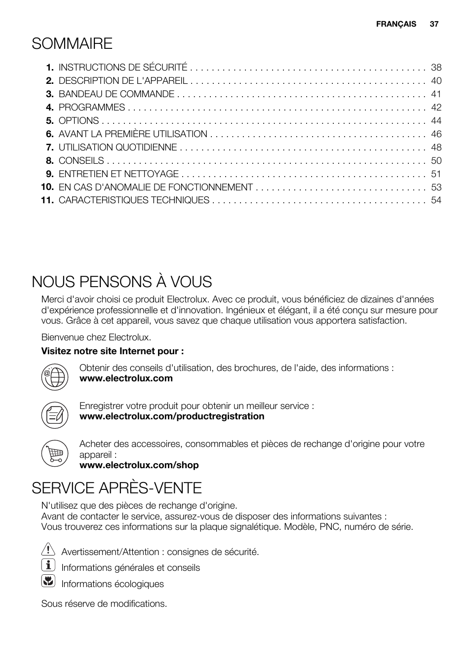 Sommaire, Nous pensons à vous, Service après-vente | Electrolux ESI6700RAX User Manual | Page 37 / 76