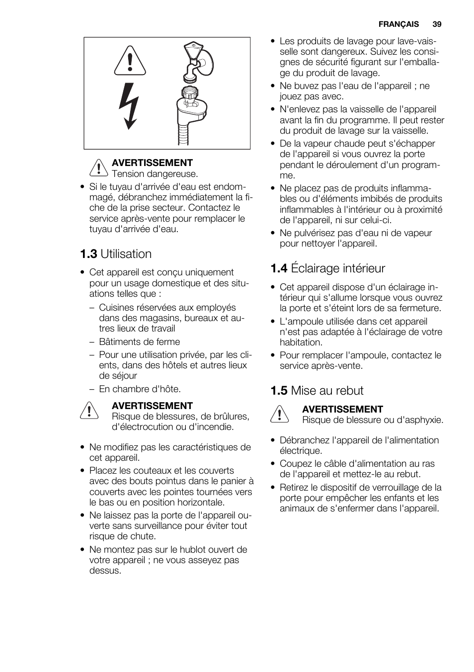 3 utilisation, 4 éclairage intérieur, 5 mise au rebut | Electrolux ESI6700RAX User Manual | Page 39 / 76