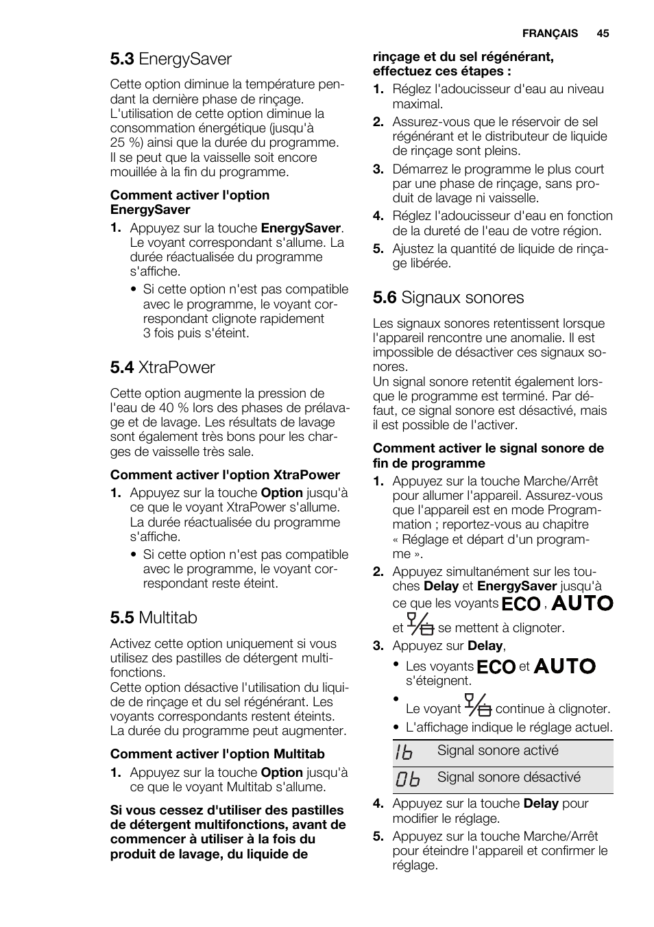 3 energysaver, 4 xtrapower, 5 multitab | 6 signaux sonores | Electrolux ESI6700RAX User Manual | Page 45 / 76